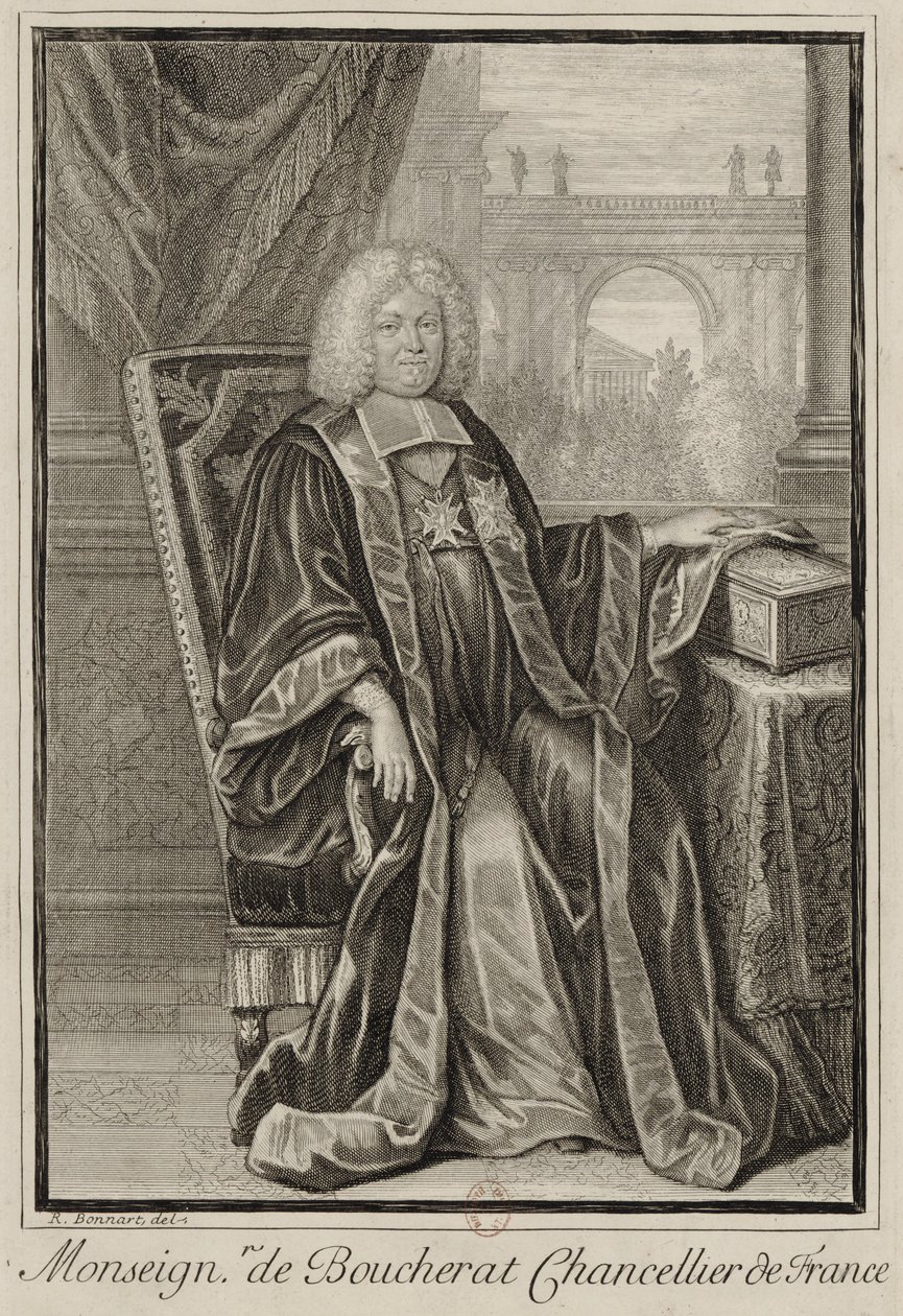 Retrato de Louis Boucherat em vestido de chanceler, a mão posou na cassete dos selos da França de Robert Bonnart