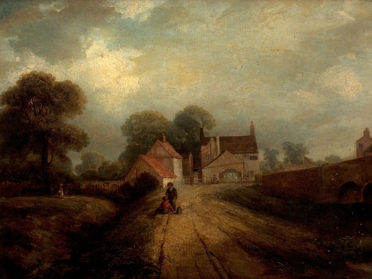 Vista, de, a, antigas, trento, ponte, hospedaria, oeste, Bridgford, nottingham, 1850 de Robert Bradley