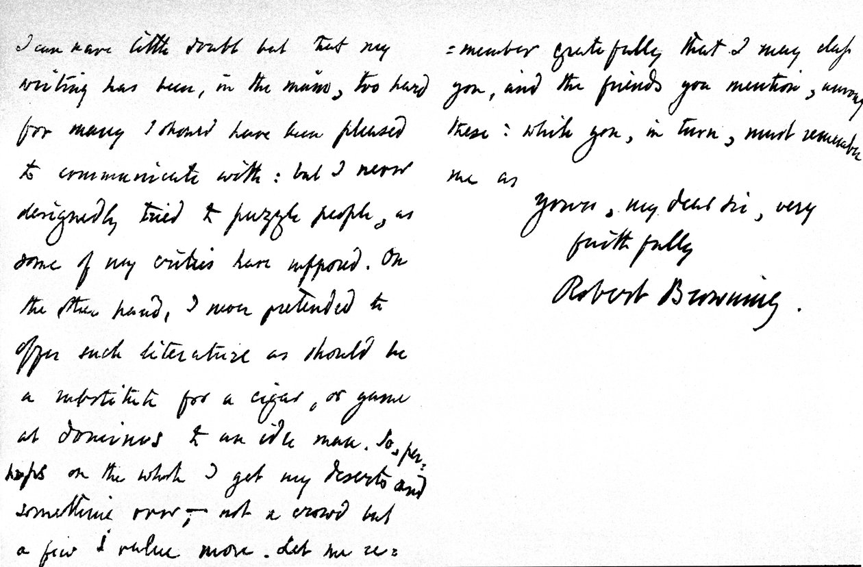 Carta a William G. Kingsland, sobre a suposta obscuridade de sua poesia e escrita, escrita aos 19 anos, Warwick Crescent, Upper Westbourne Terrace, Londres, 27 de novembro de 1868 de Robert Browning