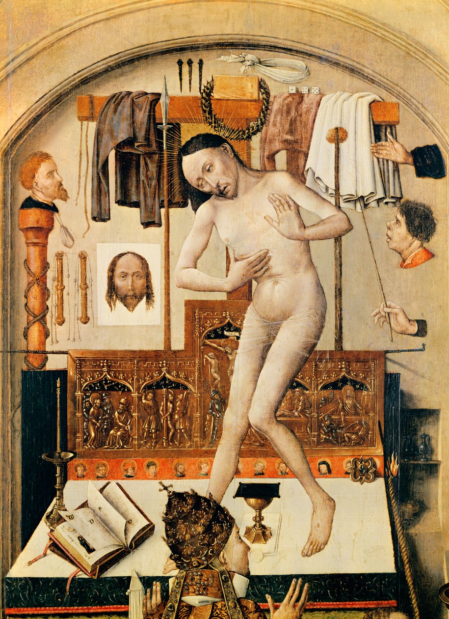 A missa de São Gregório, o Grande detalhe do óleo do altar no painel de Robert Campin