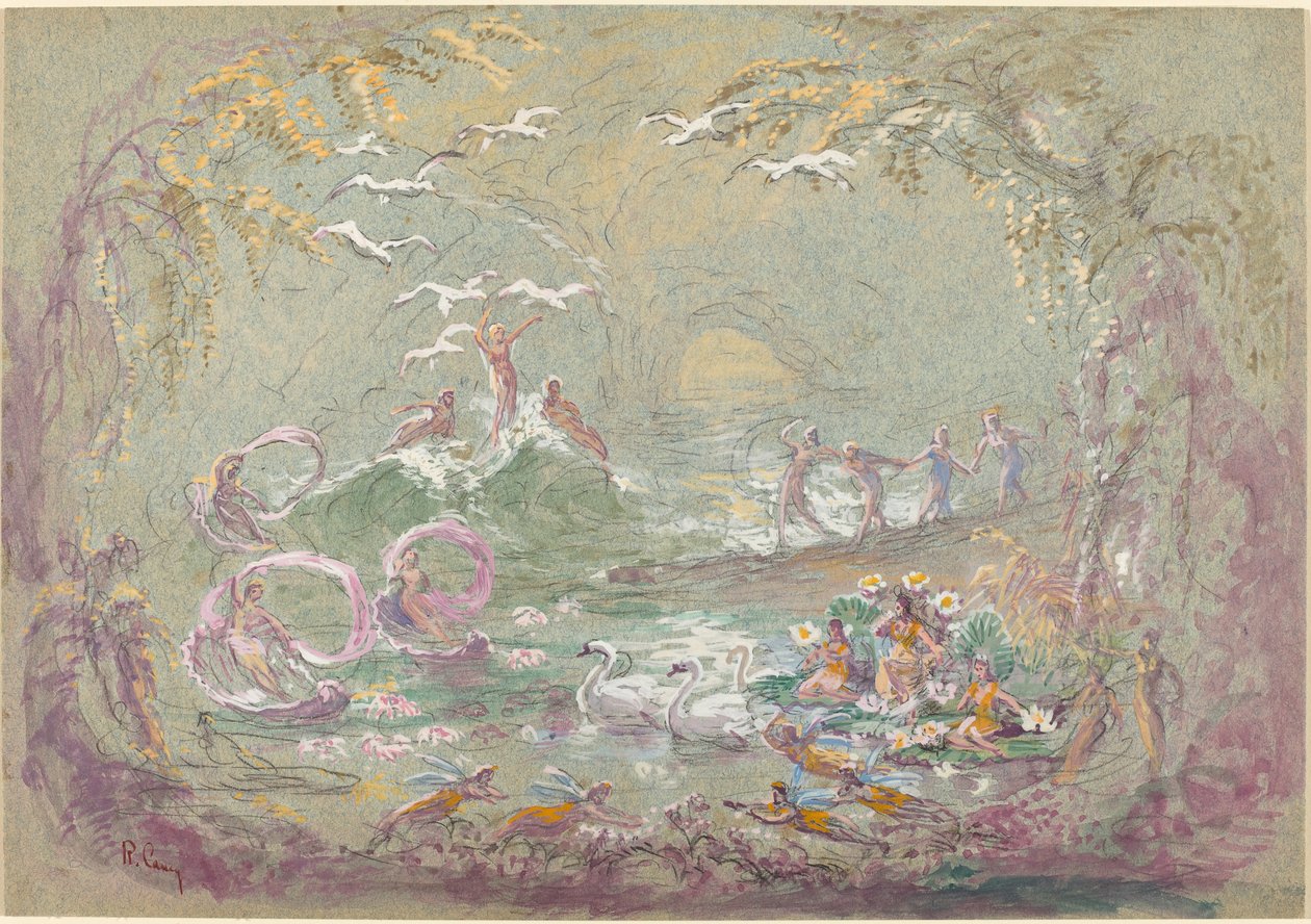 Cena do lago com fadas e cisnes (aquarela e guache sobre giz preto na placa azul esverdeado de Robert Caney