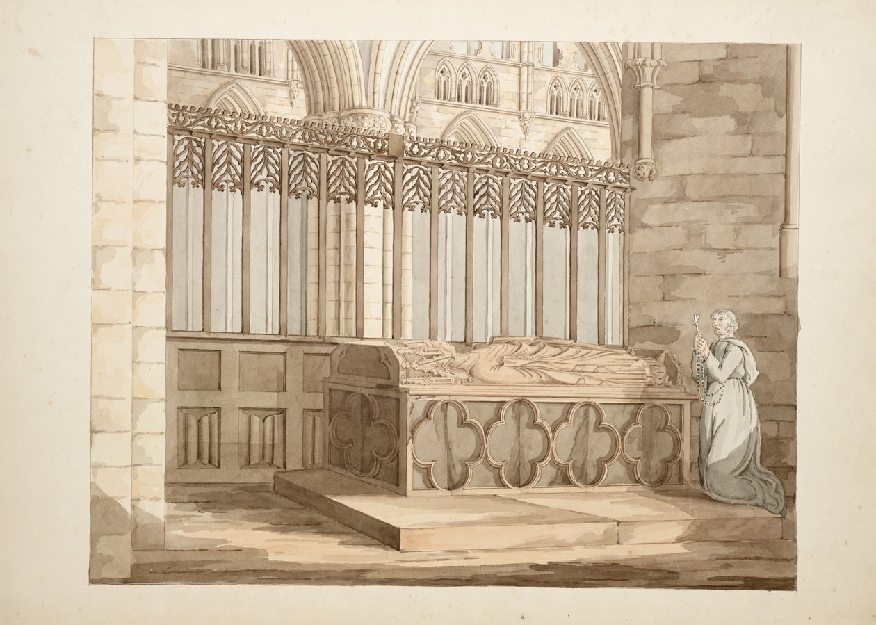 Ms. New Coll 380, f7r. As antiguidades da Igreja Catedral de Santa Maria, Carlisle, desenhada por Robert Carlile, 1795 (caneta e tinta sobre papel) de Robert Carlile