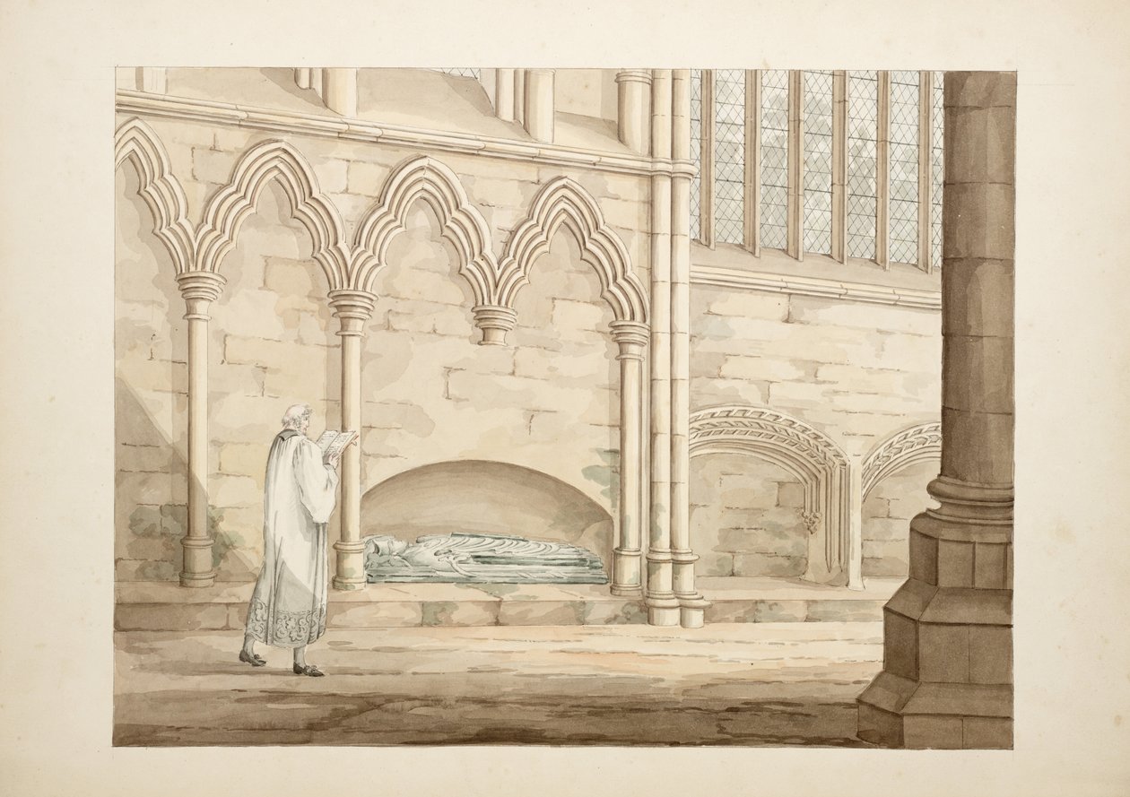Ms. New Coll 380, f8r. As antiguidades da Igreja Catedral de Santa Maria, Carlisle, desenhada por Robert Carlile, 1795 (caneta e tinta sobre papel) de Robert Carlile