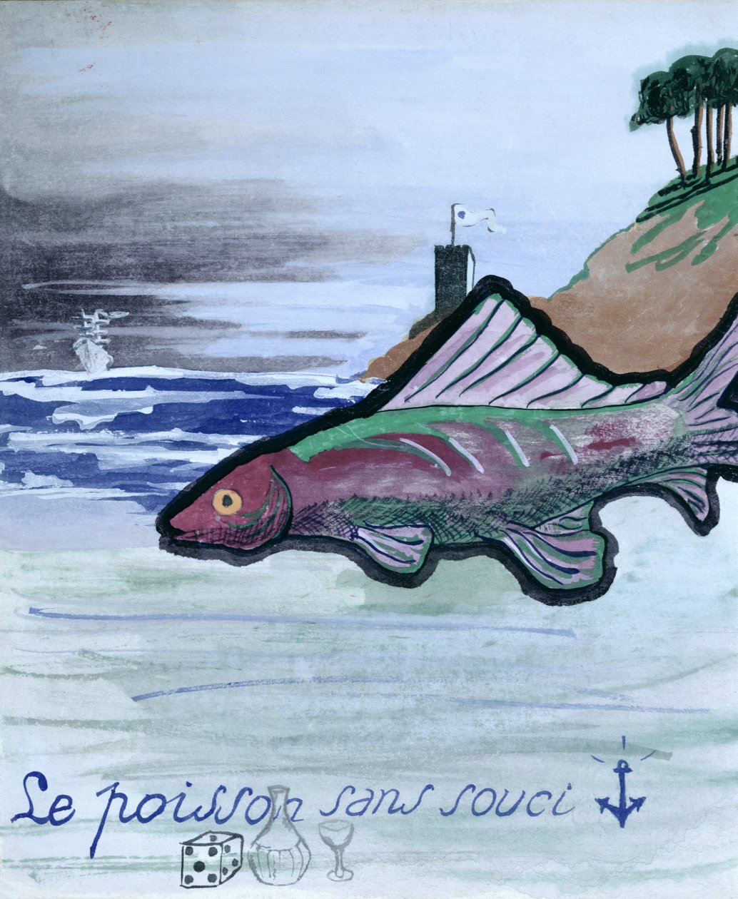 O peixe sem preocupação, ilustração para a coleção manuscrita de poemas "La Menagerie de Tristan" por Robert Desnos, 1932 de Robert Desnos