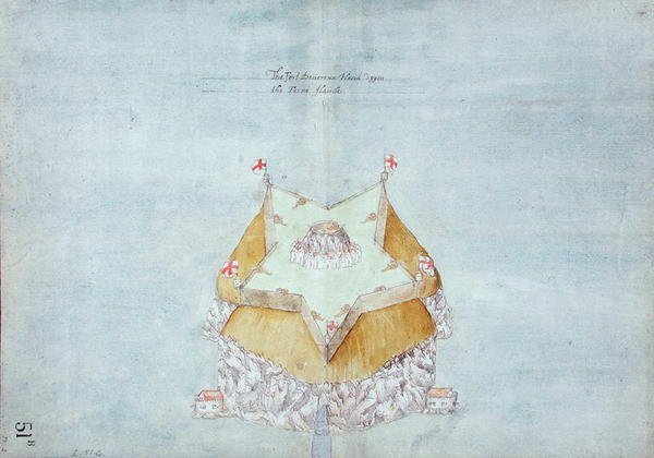 O Forte Devereux Colocado na Ilha de Ferne, c.1597-1601 (wc, lápis e caneta e tinta em papel com linho) de Robert Devereux