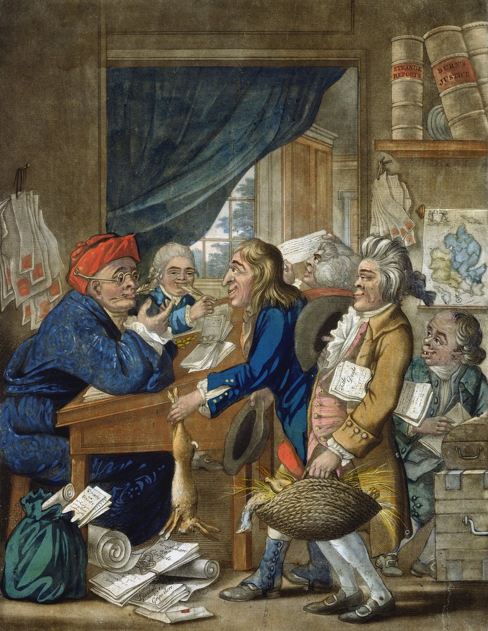 Um advogado do país e seus clientes, pub. por Bowles und Carver, 1800 (gravura em mezzotint) de Robert Dighton
