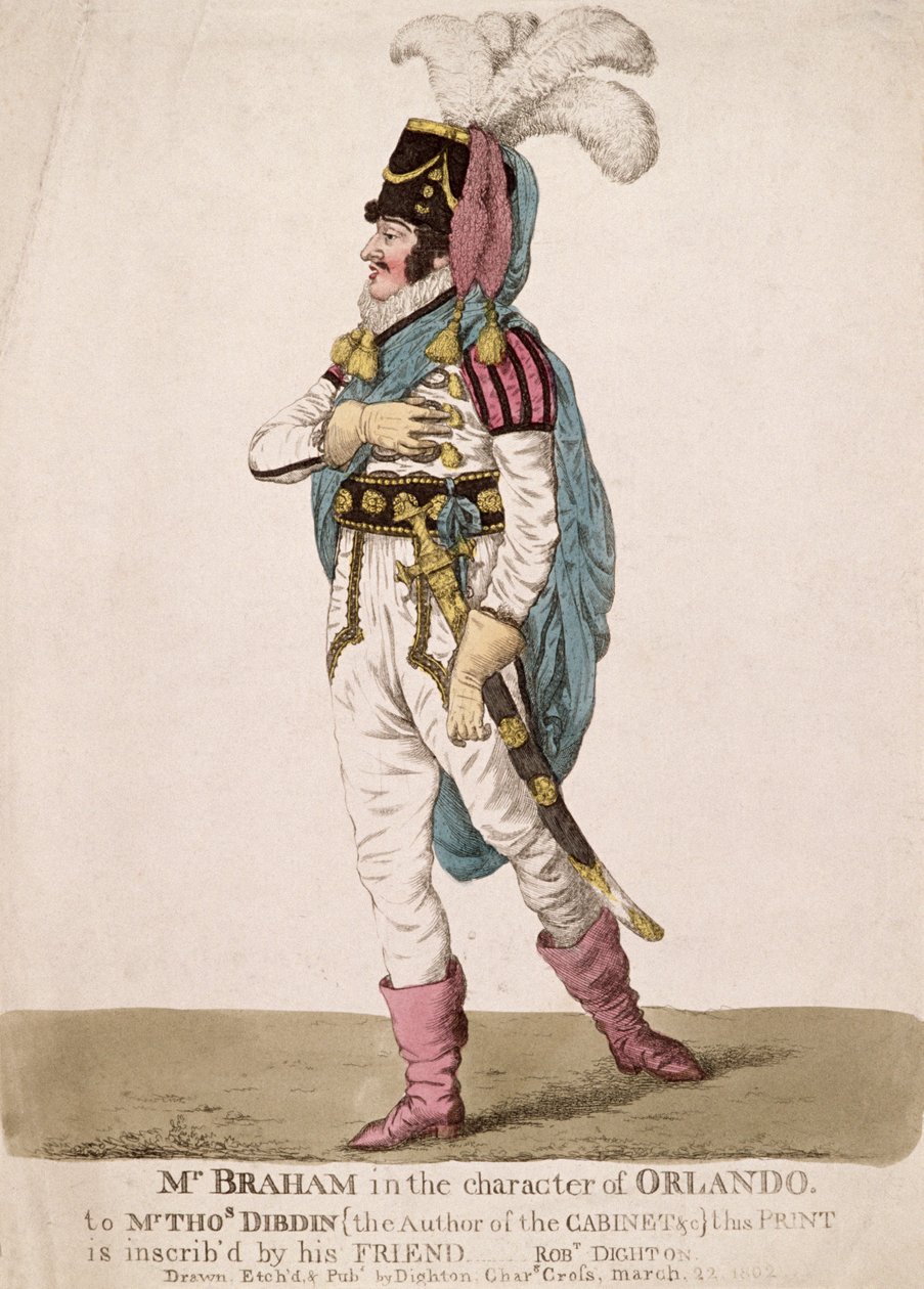 Sr. Braham no personagem de Orlando de &39;As You Like It&39;, de Shakespeare, pub. 1802 de Robert Dighton