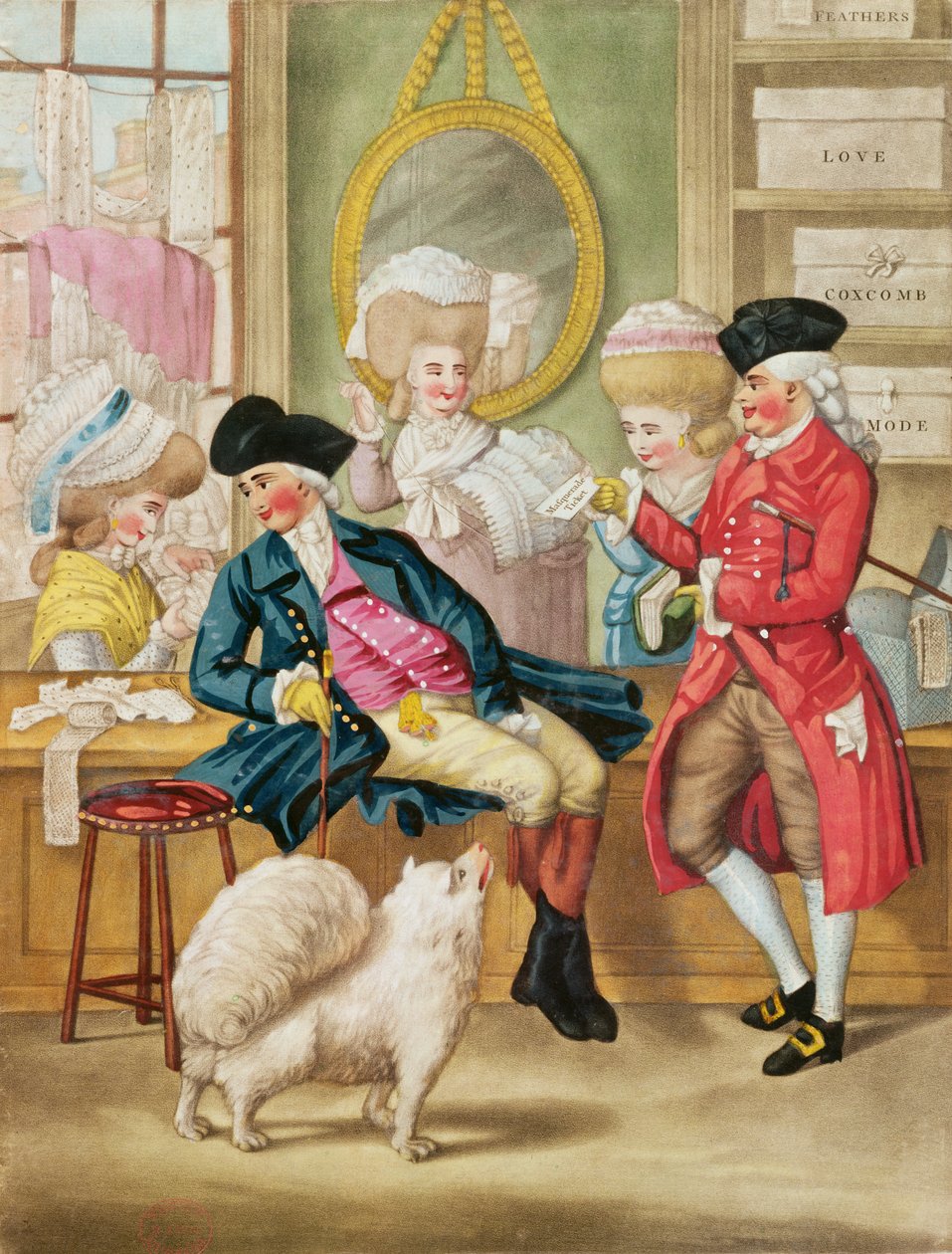 The Morning Ramble ou a Milliners Shop, 1782 (mezzotint colorido à mão) de Robert Dighton