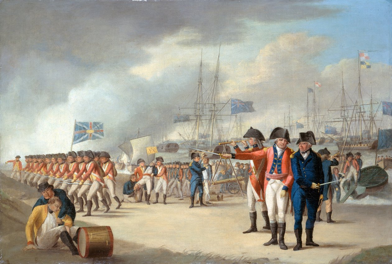 Desembarque de tropas britânicas sob o comando de Sir Ralph Abercromby (1734-1801) na ilha de Texel, na Holanda, em 27 de agosto de 1799, em 1799 de Robert Dodd