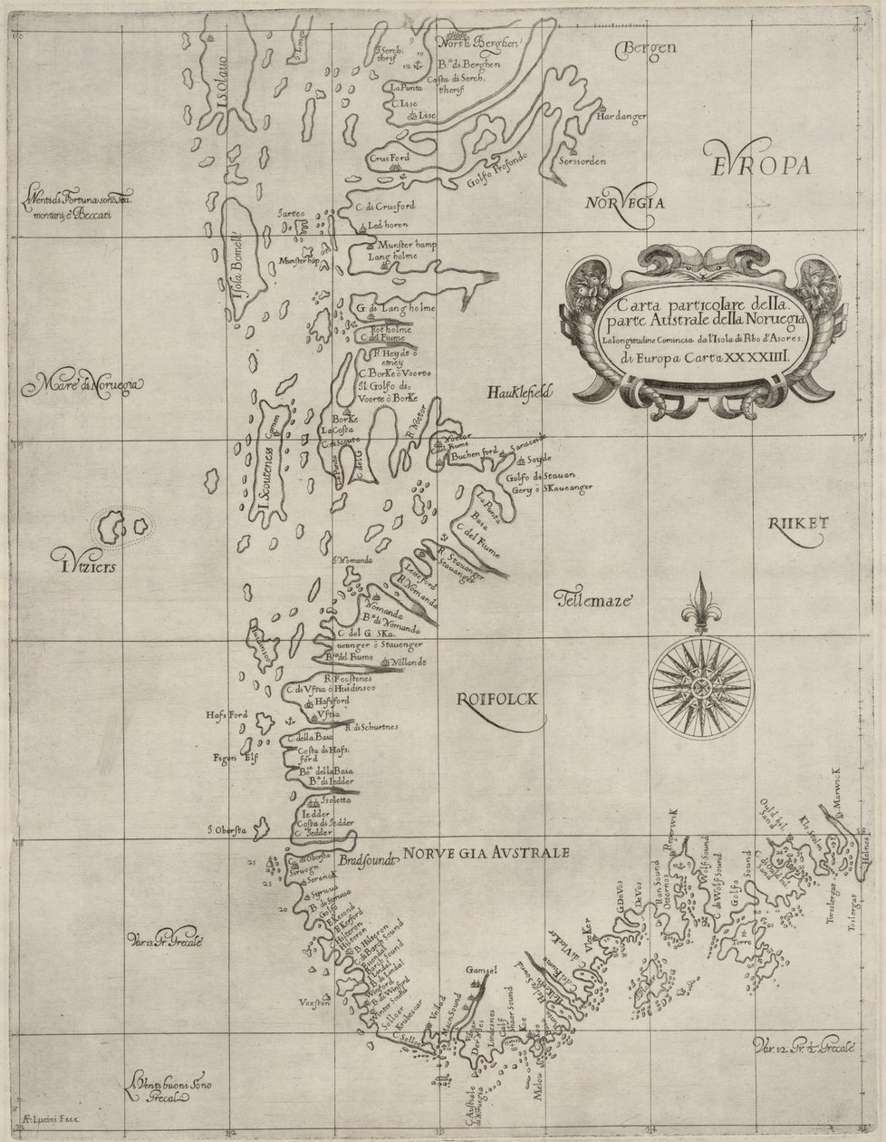 Mapa da coleção de mapas da Biblioteca Nacional. O mapa é publicado em (cerca de 1647) e mostra o sul da Noruega, a costa, o mapa do mar de Robert Dudley