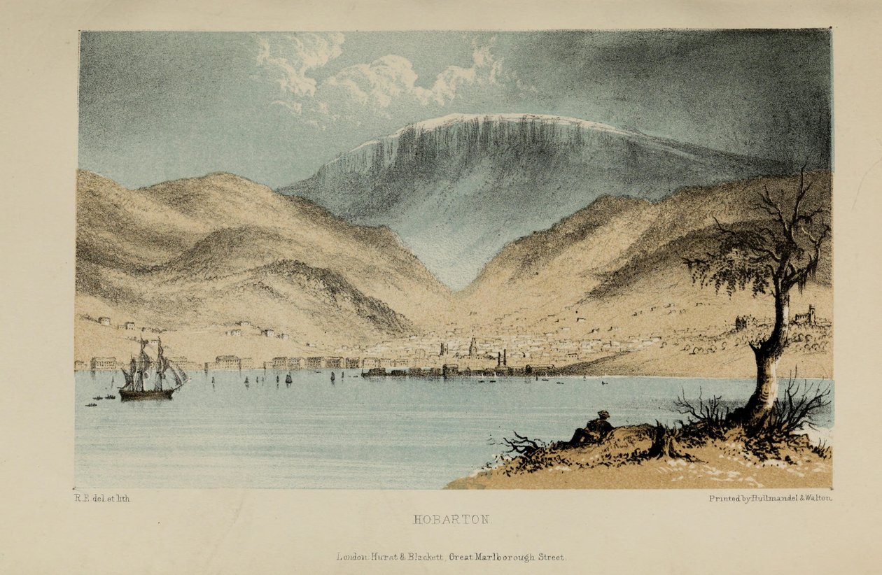 Hobarton, pintura a aguarela de Robert Elwes (1819–1878), um jovem cavalheiro britânico rico de Norfolk de Robert Elwes