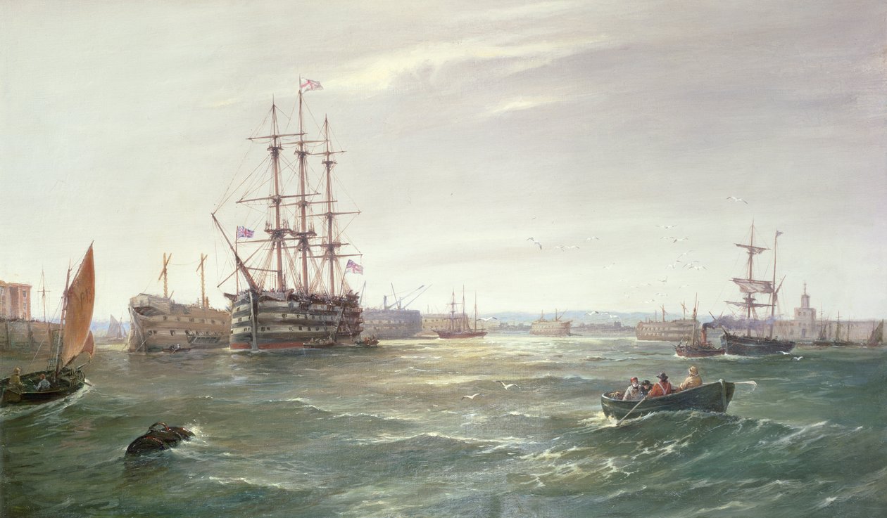 Porto de Portsmouth: HMS &39;Victory&39; entre os Hulks, 1892 (petróleo) de Robert Henry Roe
