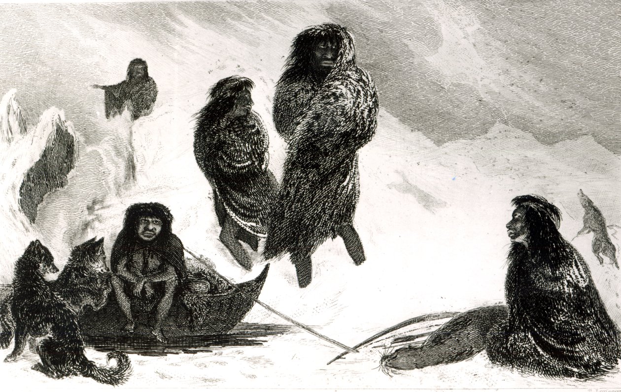 Fueguinos que vão negociar em Zapallos com os Patagônios, gravados por T.Lanseer 1838 de Robert Fitzroy