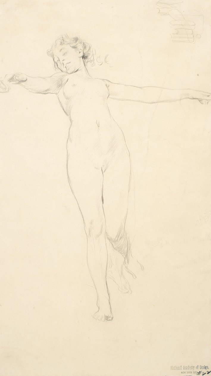 Esboço de nu feminino em pé, possivelmente para Moods to Music mural, 1893-95 (grafite em papel tufado) de Robert Frederick Blum