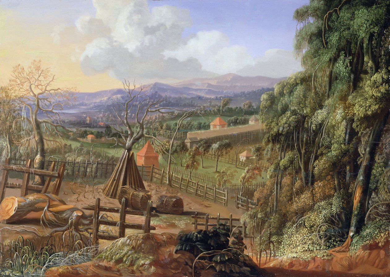 Paisagem de outono na Inglaterra com uma tempestade iminente, c.1735 de Robert Griffier
