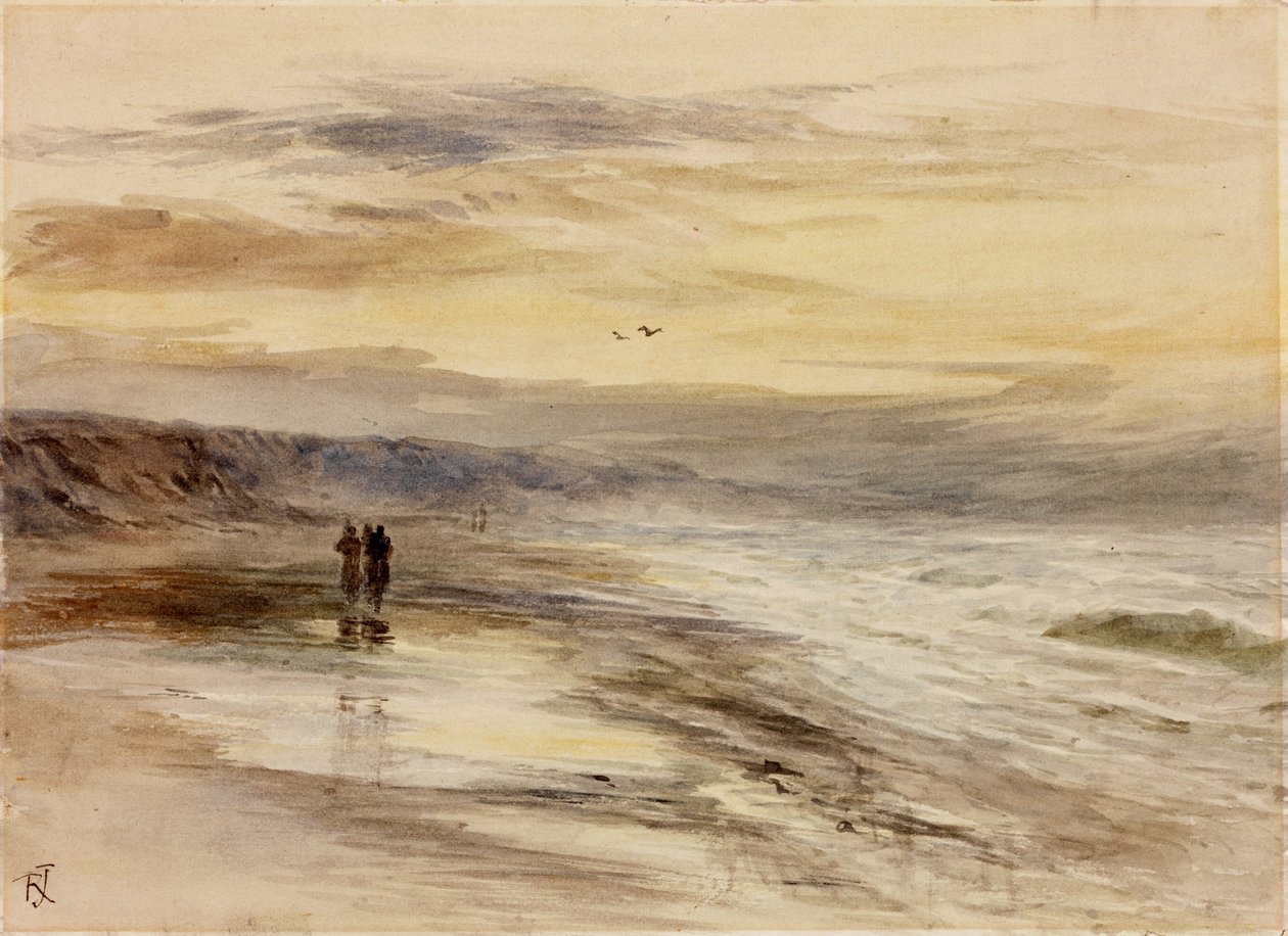 Figuras na beira-mar ao entardecer (aquarela em papel (colado no cartão)) de Robert Jobling