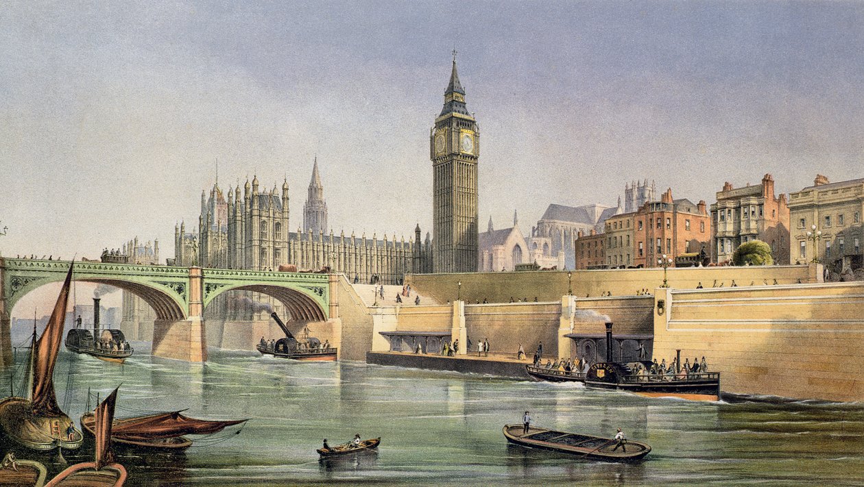 Tamisa aterro mostrando o cais de desembarque de barco a vapor na ponte de Westminster, gravada por dia e filho, 1864 de Robert Kent Thomas