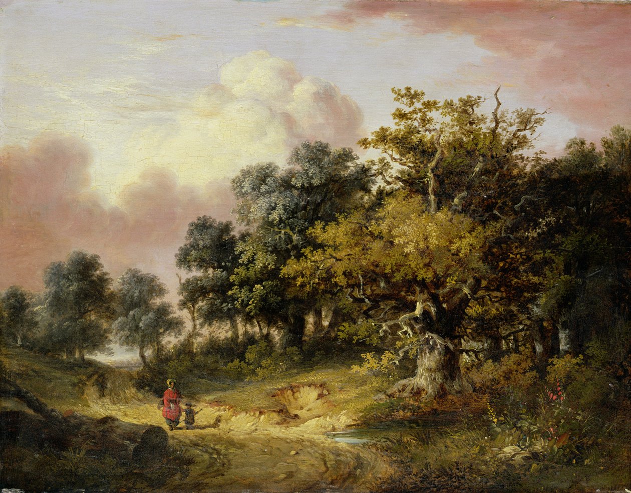 Paisagem arborizada com mulher e criança andando por uma estrada de Robert Ladbrooke