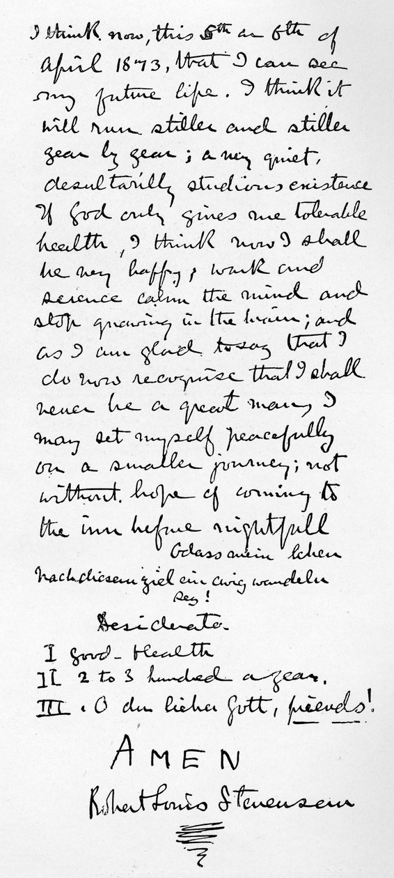 Filosofia pessoal de Stevenson e lista de Desiderata para uma vida feliz, 1873 de Robert Louis Stevenson