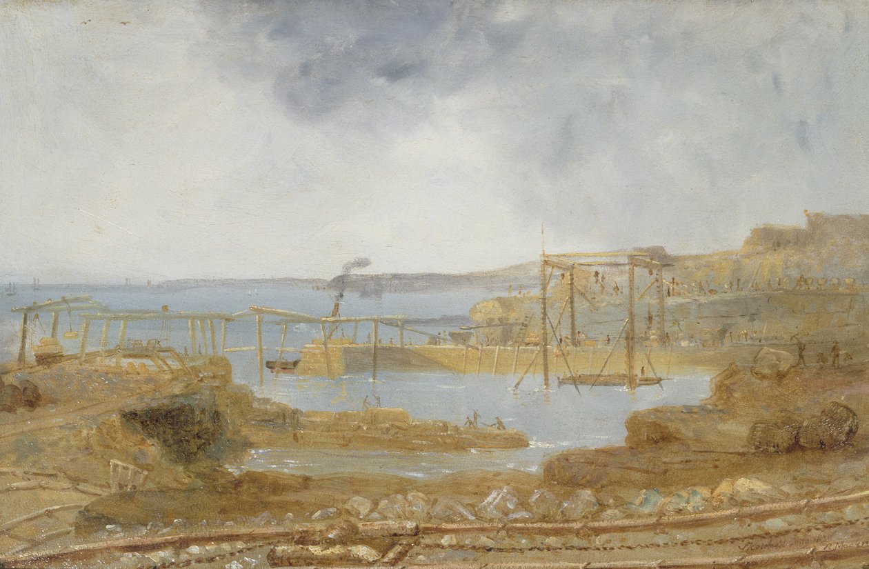 Esboço do Inner Harbor, um guindaste temporário, maio de 1829 de Robert Mackreth