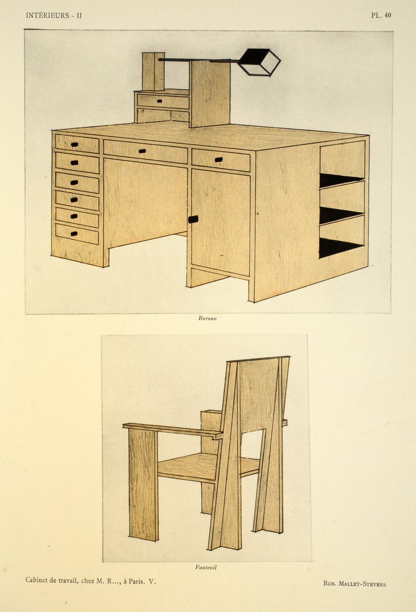 Gabinete de trabalho V, no SR., Paris, ilustração de &39;Interieurs&39; por Leon Moussinac, pub. Albert Levy, 1924-26 de Robert Mallet Stevens