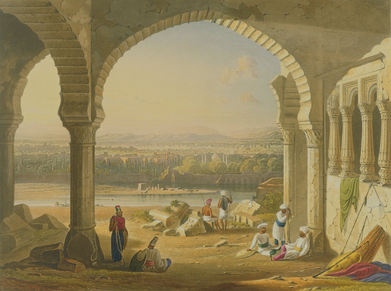 Aurungabad das Ruínas do Palácio de Aurungzebe, do Volume II de &39;Cenário, Figurinos e Arquitetura da Índia&39;, desenhada por William Purser (c.1790-1852) gravada por Thomas Kearnan (fl.1821-50) e engra de Robert Melville Grindlay
