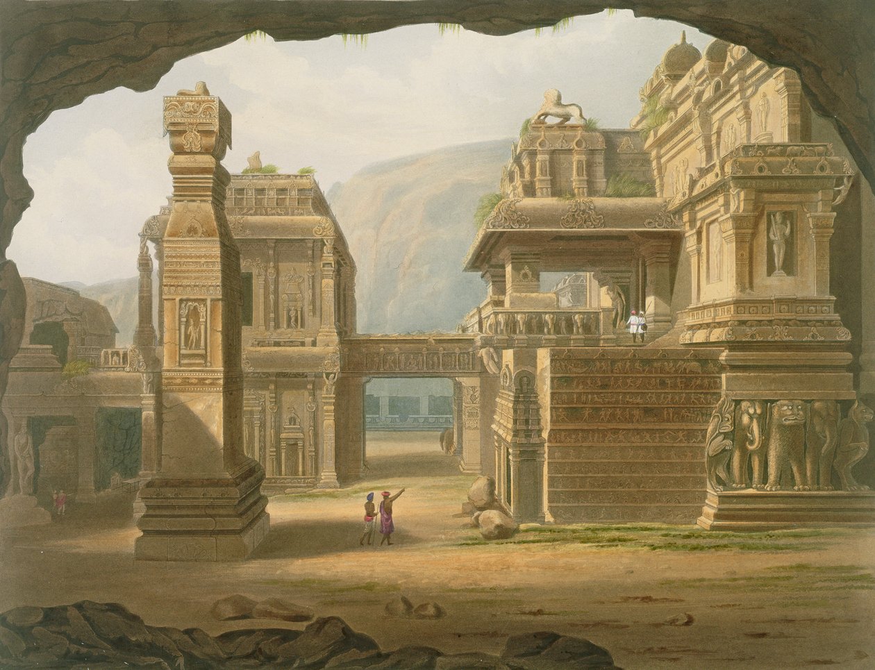 Grande templo escavado em Ellora em 1813, do volume I do `Cenário, trajes e arquitetura de India &39;, gravado por G. Rawle, gravado por G. Hunt e colorido por JB Hogarth, bar. por Ackermann, 1826 de Robert Melville Grindlay