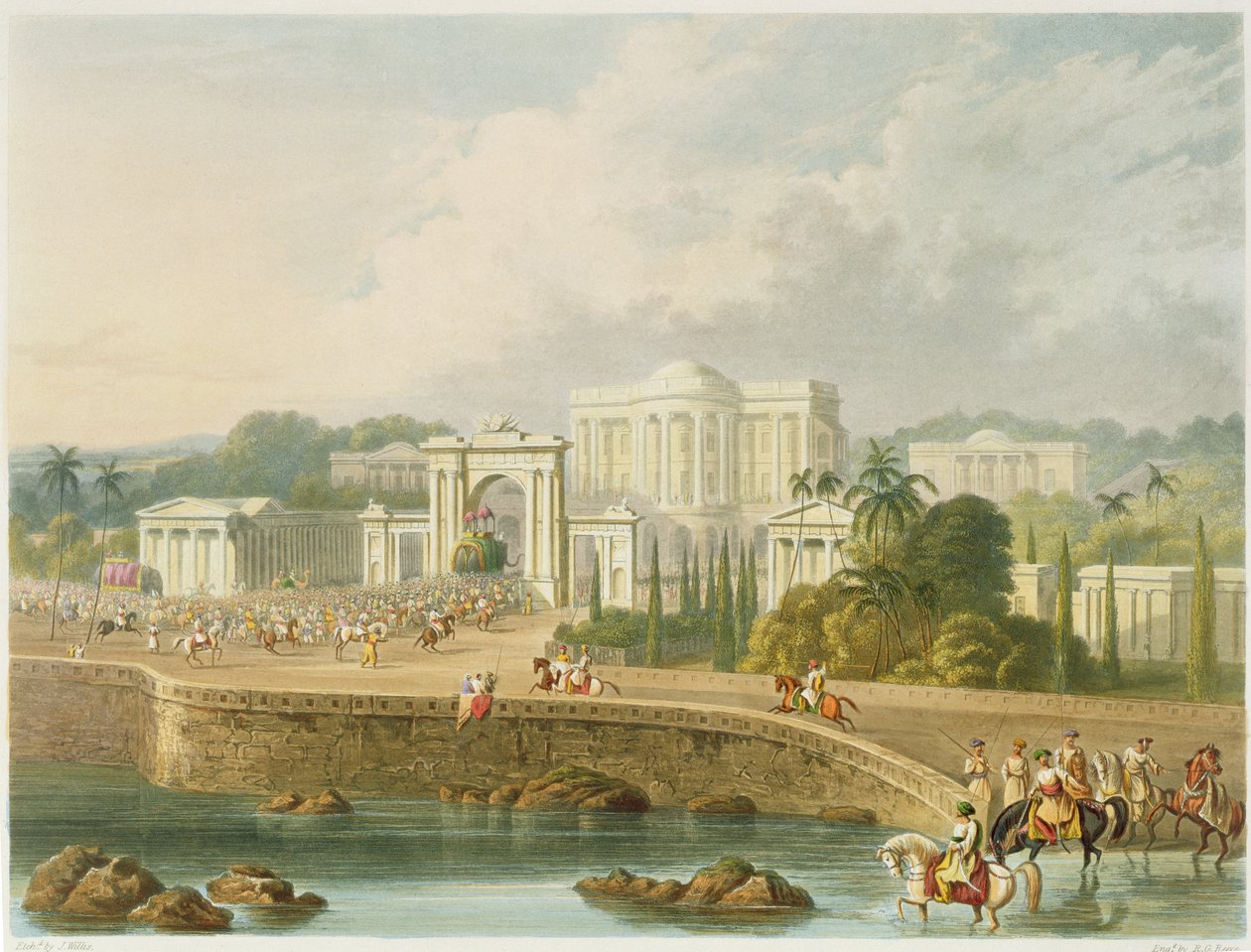 A Residência Britânica em Hyderabad, em 1813, do Volume II de &39;Cenário, Figurinos e Arquitetura da Índia&39;, gravada por John Willis (fl.1826-52) e gravada por RG Reeve (fl.1811-37) pub. por Smith, E de Robert Melville Grindlay