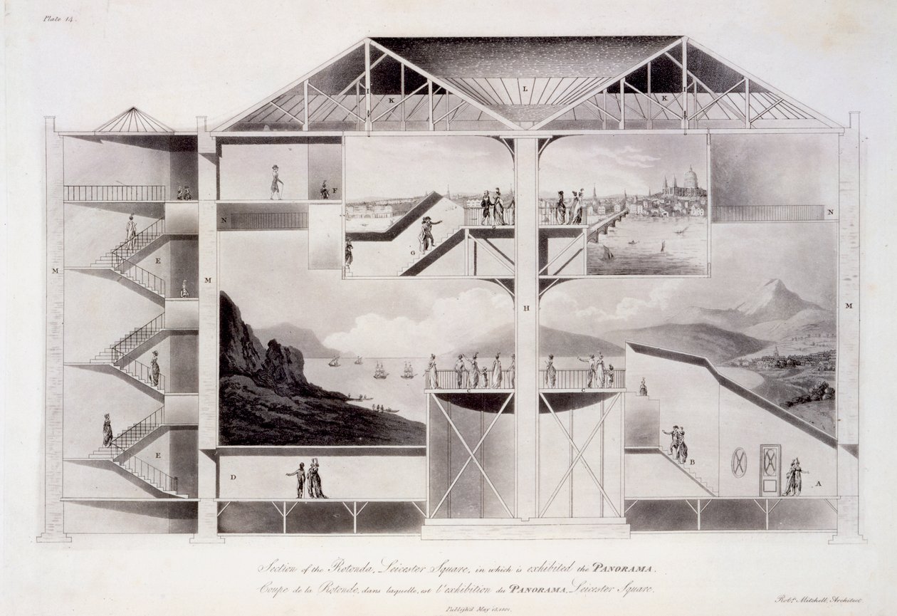 Desenho da seção da Rotunda, Leicester Square, publicada em 15 de maio de 1801 (gravura e aquatinta) de Robert Mitchell