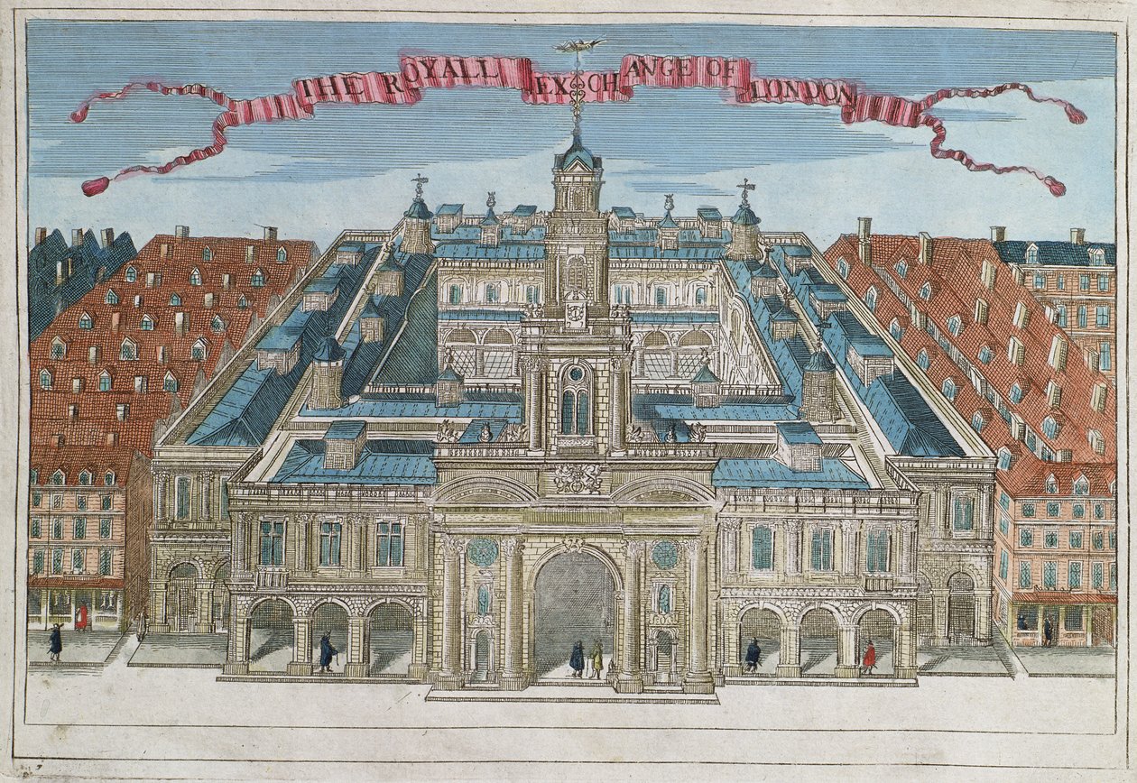 Royal Exchange de &39;Um livro das perspectivas dos lugares notáveis e sobre a cidade de Londres&39; c.1700 de Robert Morden