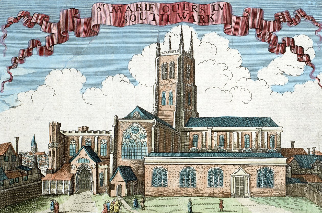 St. Marie Overie em Southwark, de "Um livro das perspectivas dos lugares notáveis em e sobre a cidade de Londres", c.1700 de Robert Morden