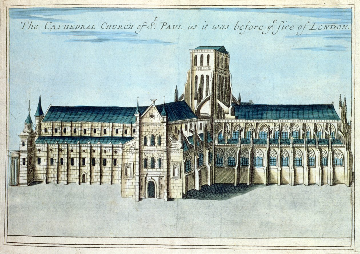 Catedral de St. Paul antes de ser destruída pelo fogo de Londres de "Um livro das perspectivas dos lugares notáveis em e sobre a cidade de Londres", c.1700 de Robert Morden