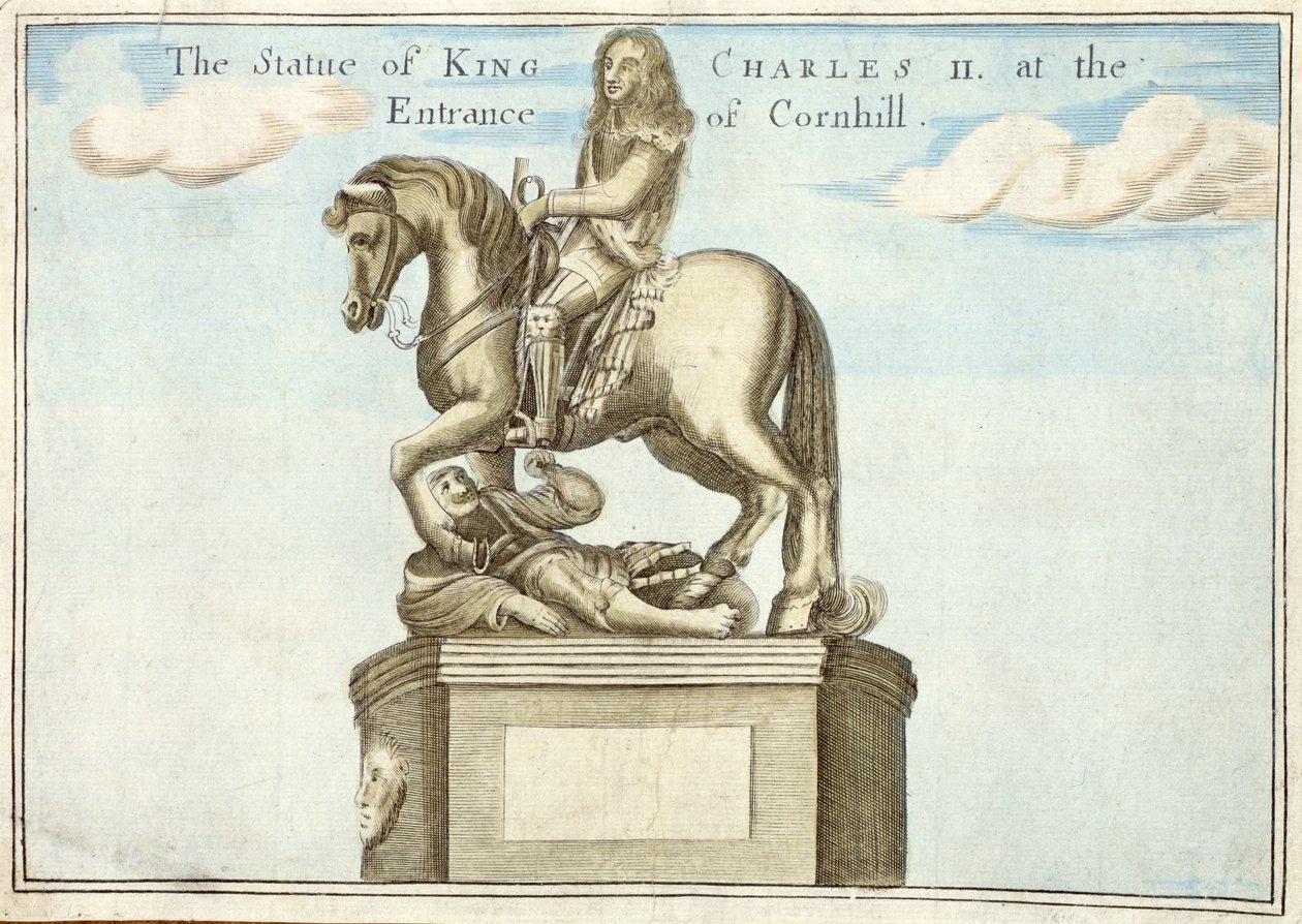 Estátua do rei Carlos II (1630-85) na entrada de Cornhill, de um livro das perspectivas dos lugares notáveis e sobre a cidade de Londres, c.1700 de Robert Morden