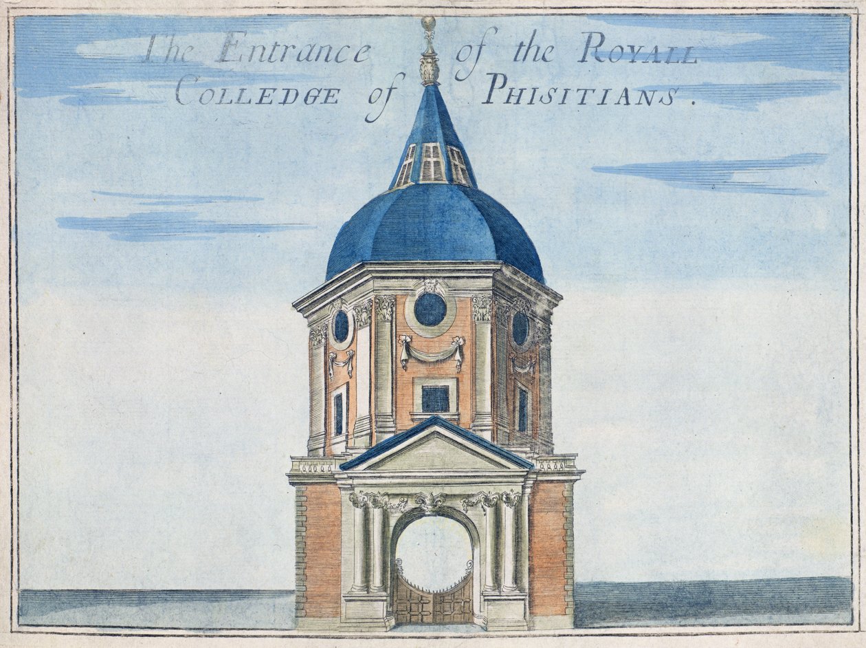 A entrada para o Royal College of Physicians, de "Um livro das perspectivas dos lugares notáveis em e sobre a cidade de Londres", c.1700 de Robert Morden
