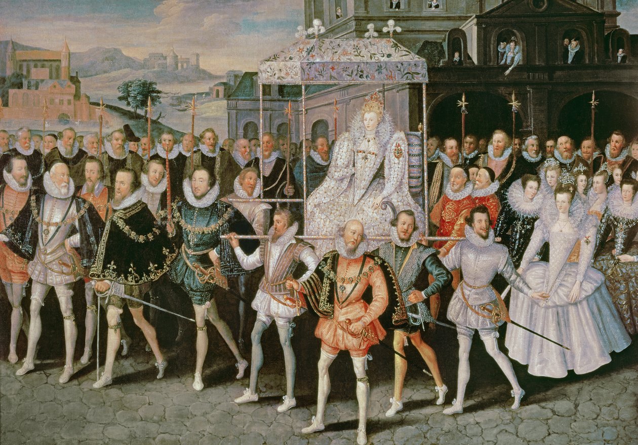 Rainha Elizabeth I (1533-1603) sendo levada em procissão (Eliza Triumphans) c.1601 de Robert Peake