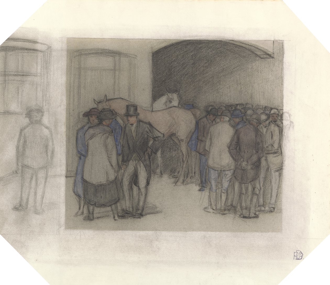 Uma manhã no Tattersalls (giz preto e lavagens coloridas no papel) de Robert Polhill Bevan