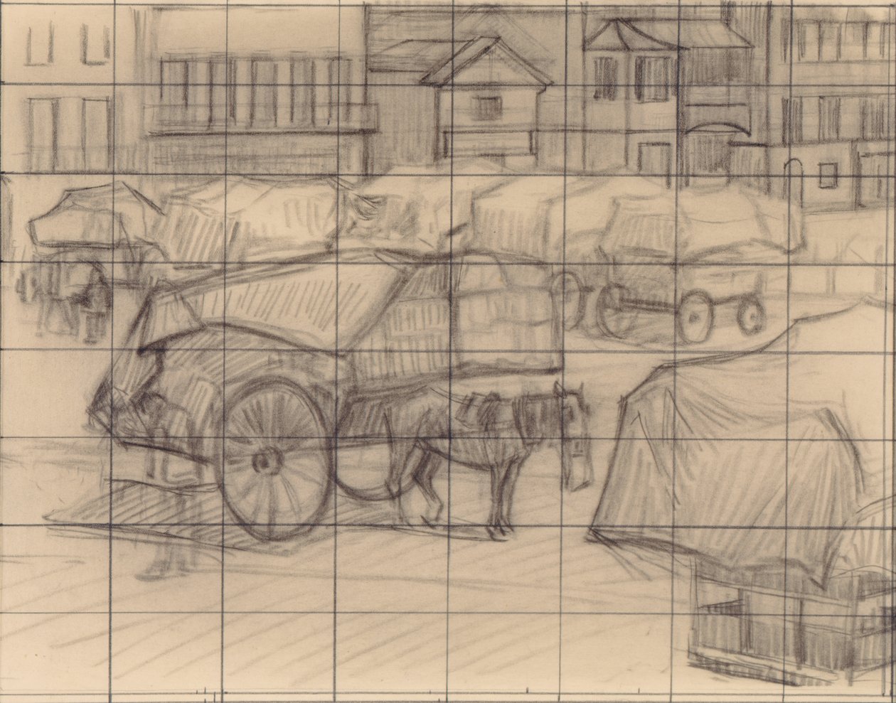 Hay Carts, Cumberland Market, c.1915 (lápis de cor sobre papel) de Robert Polhill Bevan