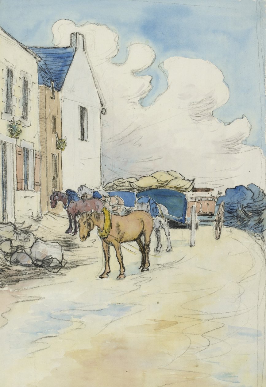 Fora da loja de vinhos (giz preto com aquarela) de Robert Polhill Bevan