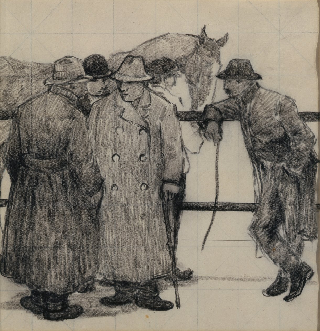 Estudo para os Horse Dealers, c.1917 (lápis sobre papel quadriculado) de Robert Polhill Bevan