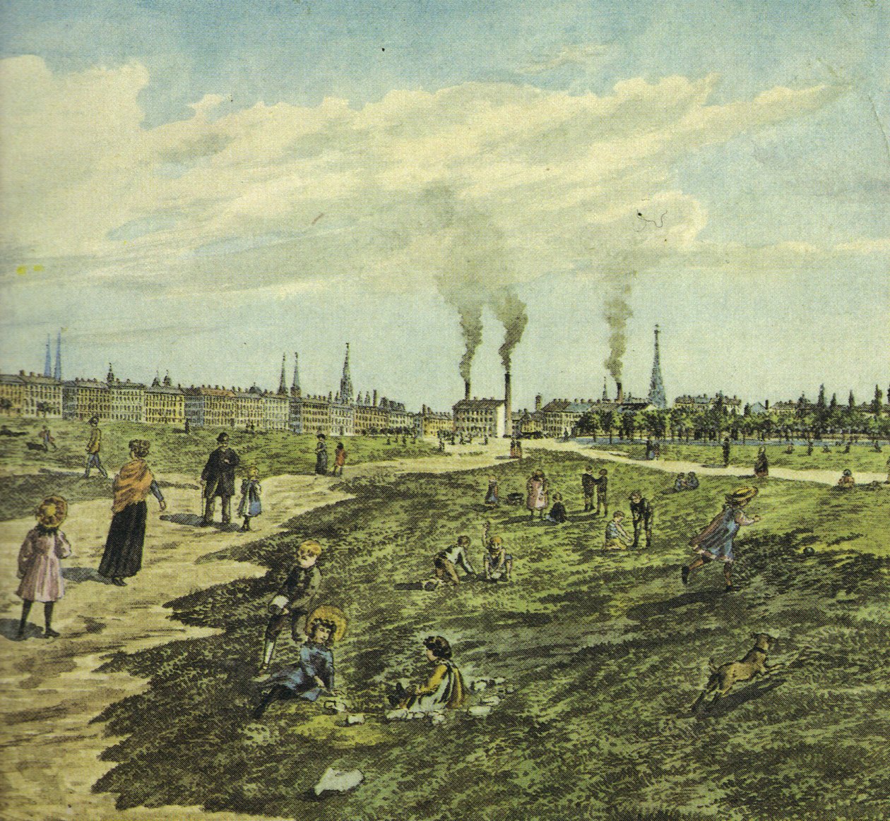 O Schmelz como um campo de exercício militar e lugar para brincar e passear. Visão para leste (seção) de Robert Schediwy after painting by M.Neubauer