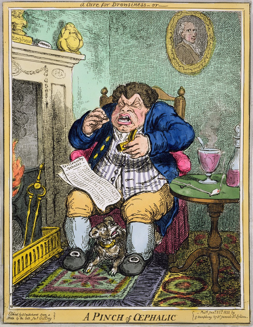 Uma cura para a sonolência ou uma pitada de cefálica, gravada por George Cruikshank (1792-1878), publicada por G. Humphrey, 25 de janeiro de 1822 (gravura colorida) de Robert Seymour