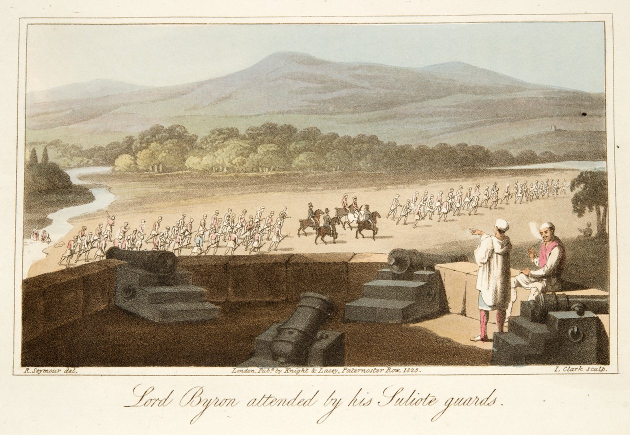 Lord Byron assistido por seus Suliote Guards, de The Last Days of Lord Byron por William Parry, pub. 1825 (gravura colorida à mão) de Robert Seymour