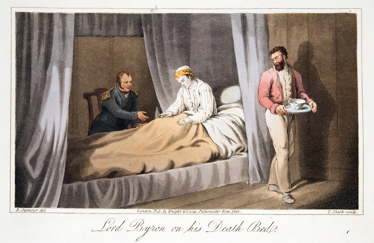 Lord Byron em sua cama da morte, dos últimos dias do senhor Byron por William Parry, bar. 1825 (gravura colorida à mão) de Robert Seymour