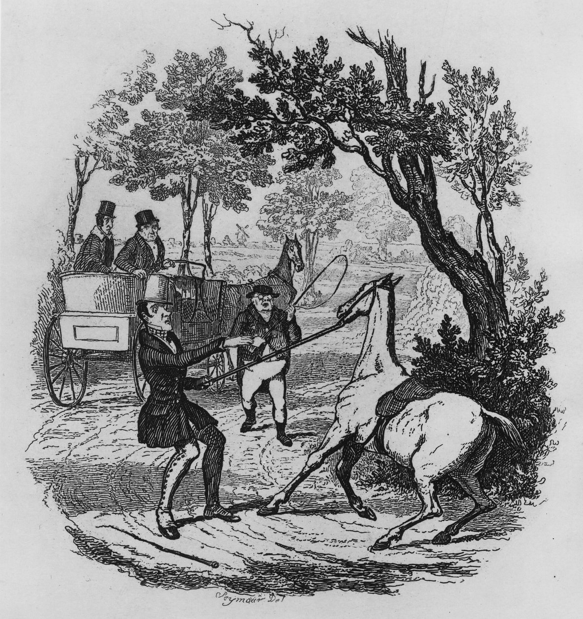 O Sr. Winkle e o Sr. Pickwick tentando controlar seu cavalo, ilustração de "The Pickwick Papers", de Charles Dickens, 1836 de Robert Seymour