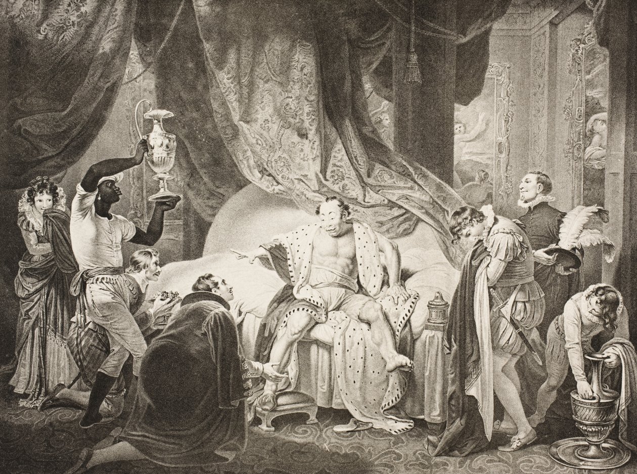 Um quarto na casa do Senhor, Indução, Cena II, de "A Megera Domada", da Galeria Boydell Shakespeare, publicada no final do século XIX de Robert Smirke