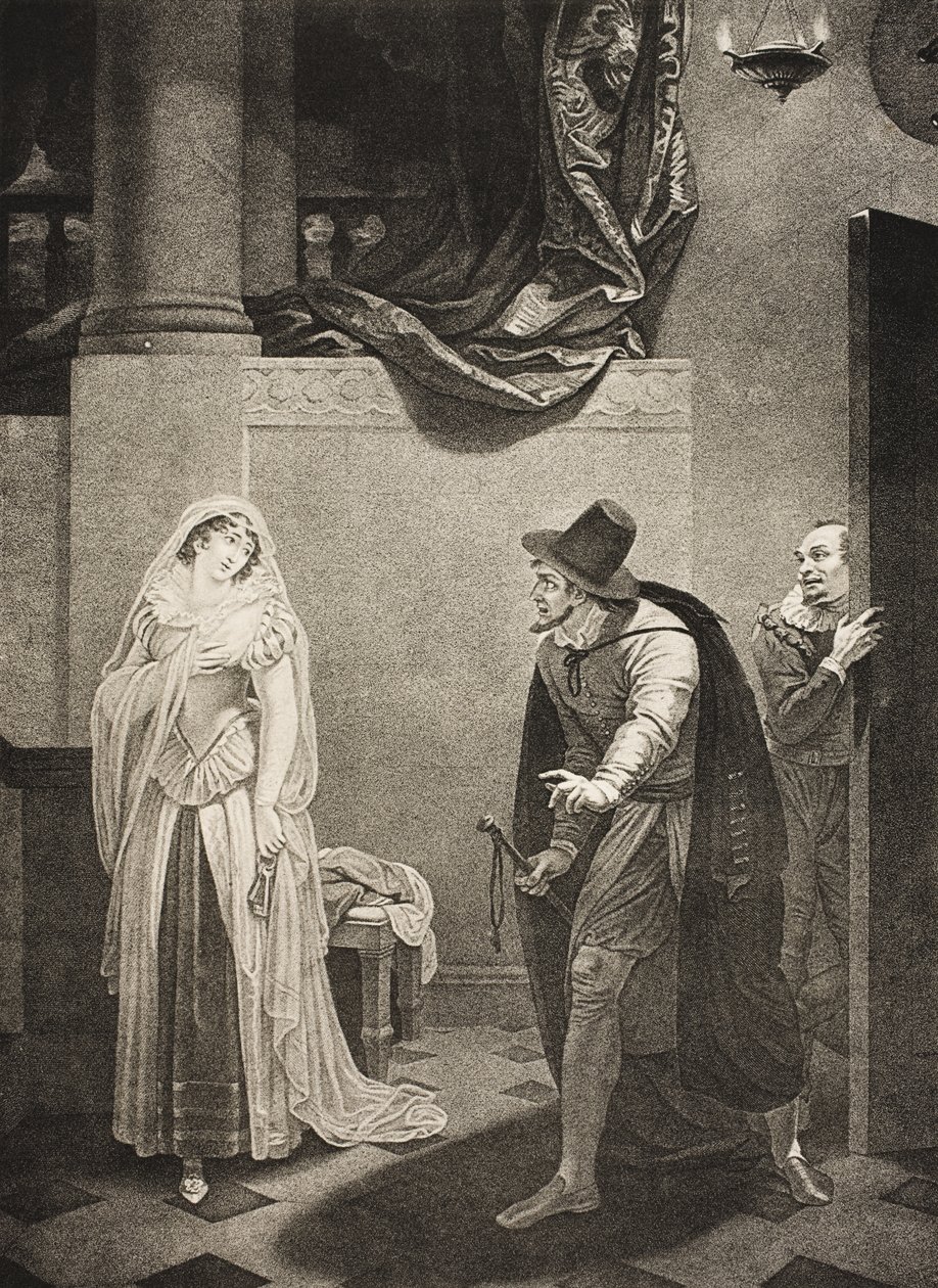 Antes da casa de Shylock, Ato II, Cena V, de &39;O Mercador de Veneza&39;, da Galeria The Boydell Shakespeare, publicada no final do século XIX de Robert Smirke