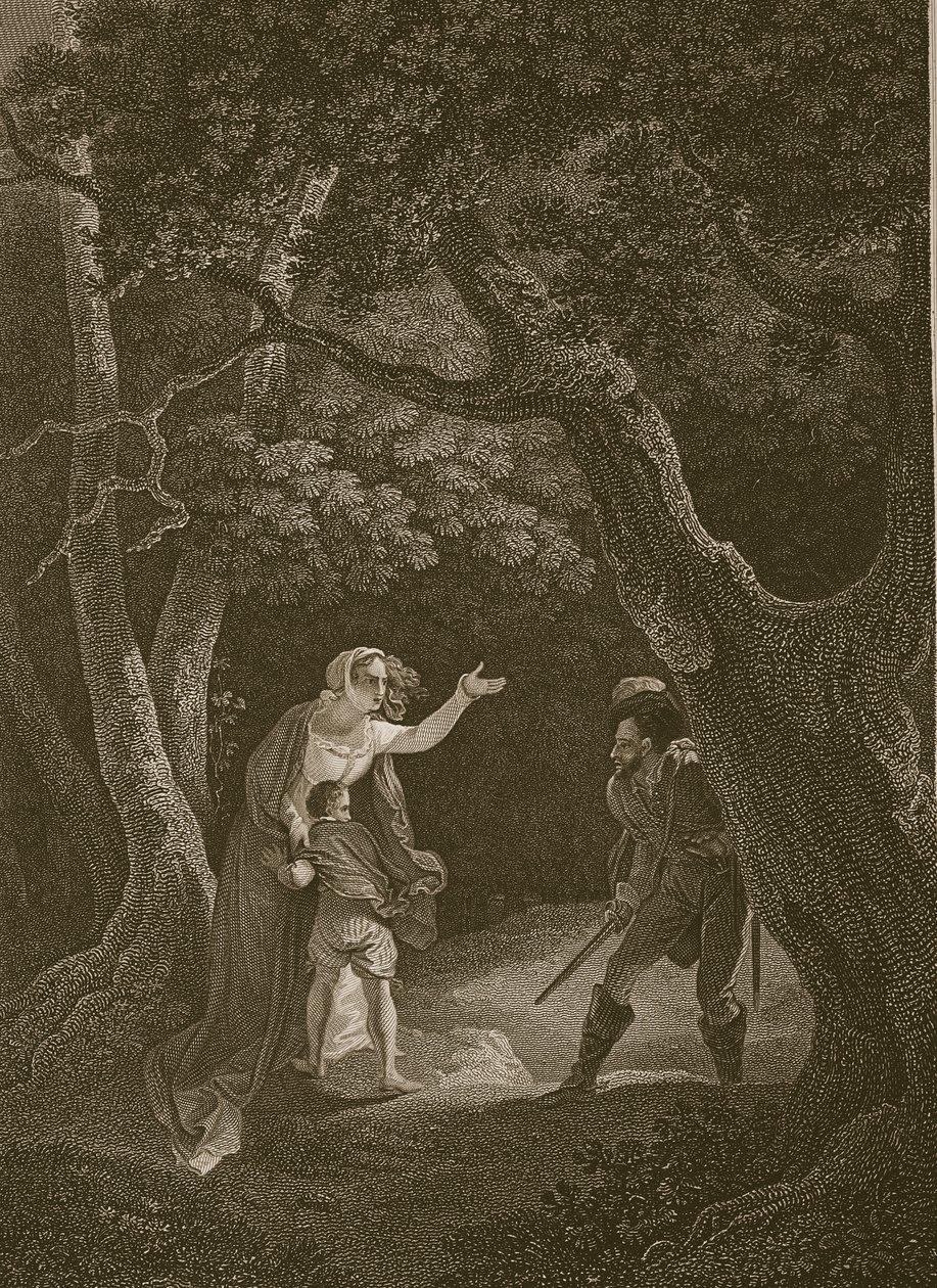 Rainha Margarida atacada pelo ladrão, gravada por J. Landseer, ilustração de "The History of England", de David Hume, pub. por R. Bowyer, Londres, 1812 de Robert Smirke
