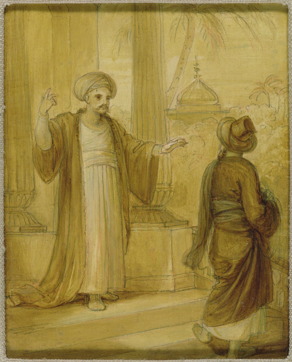 Duas figuras masculinas em pé, ilustração de um romance oriental, possivelmente &39;The Arabian Nights&39; (óleo sobre papel a bordo) de Robert Smirke