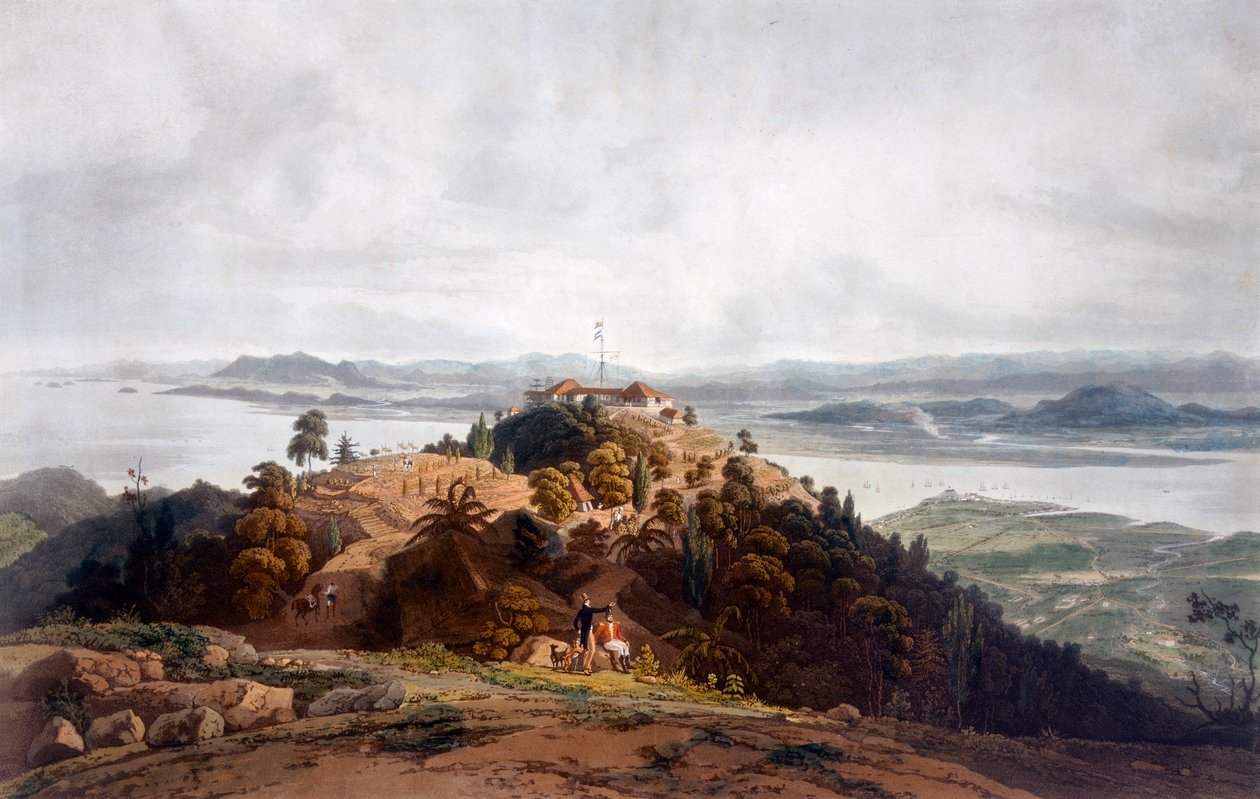 Esboço panorâmico da ilha do príncipe de Gales por William Daniell, c.1817 99: Penang; Pooloo Pinang; Malásia; Paisagem malaia; c19th; Companhia Britânica das Índias Orientais; posto militar; Oi de Robert Smith