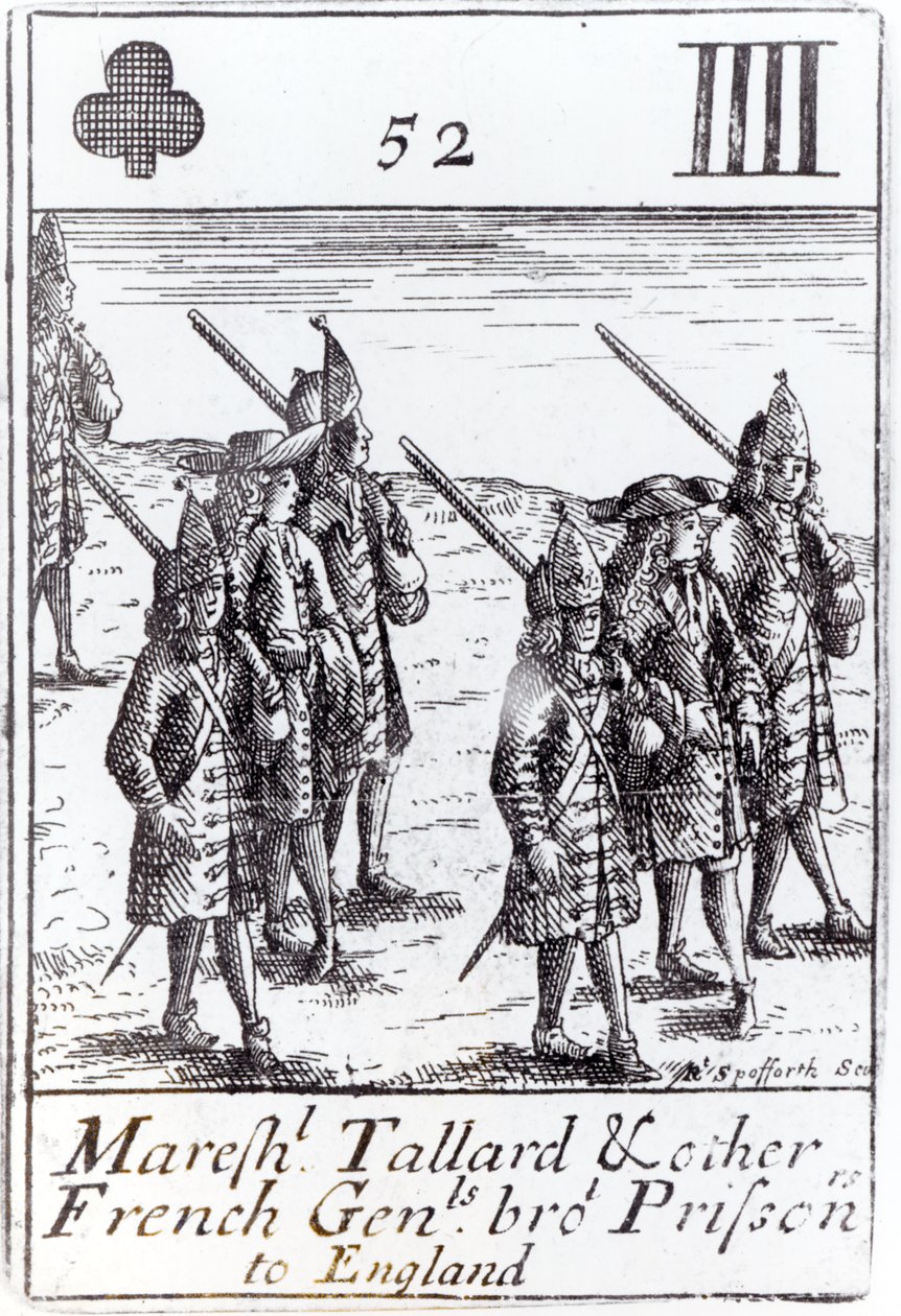 Marshal Tallard e outros generais franceses trouxeram prisioneiros para a Inglaterra, quatro dos clubes jogando cartas de um conjunto comemorativo da Guerra da Sucessão Espanhola (1702-13) de Robert Spofforth